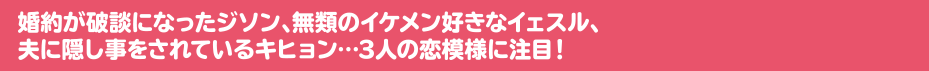 婚約が破談になったジソン、無類のイケメン好きなイェスル、夫に隠し事をされているキヒョン・・・3人の恋模様に注目！